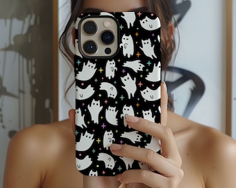 MagSafe Cute Cat Ghost Design Phone Case for Halloween Gift iPhone 15 iPhone 14 iPhone 13 Galaxy S24 Spooky Season Phone Case Horror Gift