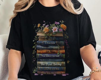 Personalized Book Lover T-Shirt: Floral Book Stack, Custom Novel Tee, Sci-fi T Shirt
