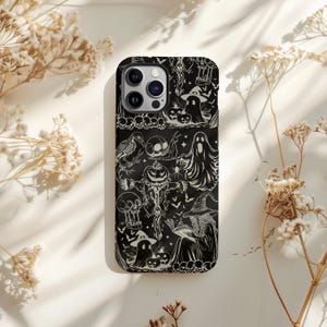 May include: Black phone case featuring a Halloween-themed design. The case displays a repeating pattern of spooky illustrations, including ghosts, pumpkins, skulls, and a witch. The design is in white against a black background.