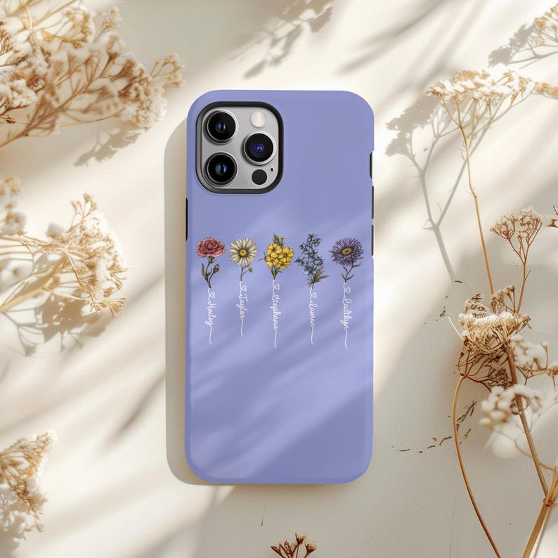 May include: A lavender phone case with a floral design and the text "To Holly", "To Taylor", "To Daphne", "To Lauren", and "To Bailey".