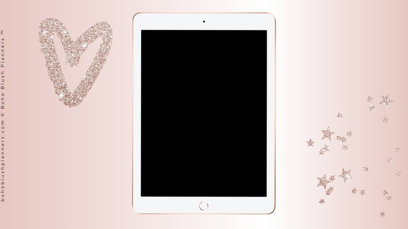 Puede incluir: Una tableta blanca con una pantalla negra, rodeada de un fondo rosa con un coraz&oacute;n y estrellas de purpurina.