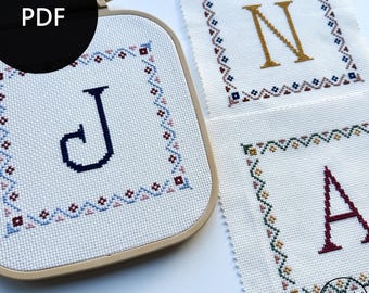 ABC - cross stitch pattern, vintage monogram, 3 color variations, complete alphabet incl. instructions (PDF)