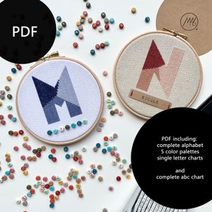 ABC L - patrón de punto de cruz, 3 colores, 5 paletas de colores diferentes (gris, azul, rosa, amarillo, verde), abecedario completo con instrucciones (PDF)