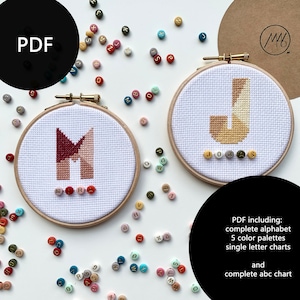 ABC S - patrón de punto de cruz, 3 colores, 5 paletas de colores diferentes (gris, azul, rosa, amarillo, verde), abecedario completo con instrucciones (PDF)