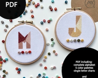Cross stitch pattern ABC M - 3 colors, 5 different color palettes (gray, blue, pink, yellow, green), alphabet incl. instructions (PDF)