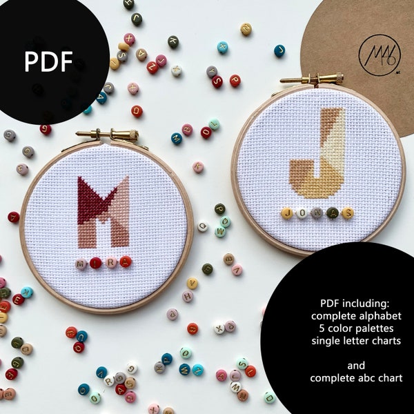 ABC S - Patrón de punto de cruz, 3 colores, 5 paletas de colores diferentes (gris, azul, rosa, amarillo, verde), alfabeto completo con instrucciones (PDF)