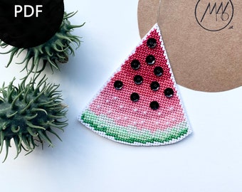 cross stitch pattern, watermelon, modern christmas ornament with glass seed beads and sequins (PDF)