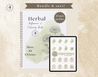 Herb reference coloring book + herb digital stickers bundle