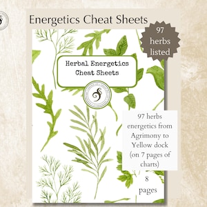 May include: A white and green illustrated book titled "Herbal Energetics Cheat Sheets" with the text "97 herbs listed." The cover features watercolor illustrations of various green herbs. The book contains 8 pages of charts.