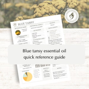 May include: A blue and white infographic with the title "Blue Tansy Essential Oil Quick Reference Guide". The infographic includes information about the botanical name, family, source, conservation status, keywords, suggested uses, quick safety, extraction method, chemistry, profile, and notes about blue tansy essential oil.