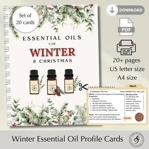 以下が含まれることがあります： 「ESSENTIAL OILS FOR WINTER & CHRISTMAS」と書かれた、3本の精油ボトルが描かれたスパイラル綴じノート。表紙には植物のイラストと「Set of 20 cards」の文字。追加テキストには「20+ pages, US letter size, A4 size」が含まれています。