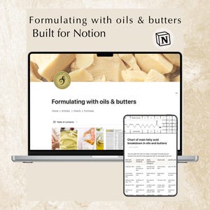 Guía de formulación de aceites y mantecas / Plantilla de Notion para recetas de cuidado de la piel y belleza natural