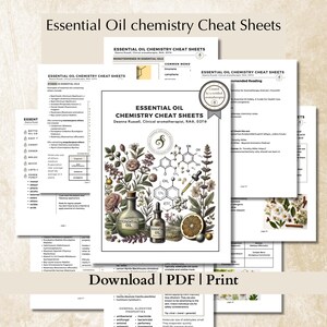 Könnte beinhalten: Eine Sammlung von Essential Oil Chemistry Cheat Sheets im PDF-Format. Die Dokumente enthalten Text, chemische Strukturen und botanische Illustrationen wie Blumen, Kräuter und Glasfläschchen mit Pipetten. Die Seiten bieten lehrreiche Informationen, Tabellen und Listen zu Aromatherapie und ätherischen Ölen.