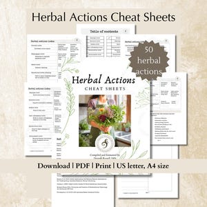 Op de afbeelding: Een verzameling Herbal Actions Cheat Sheets in PDF-formaat, met 50 kruidenacties, inhoudsopgaven en indexen. De documenten bevatten botanische illustraties, tekst en een centrale foto van een persoon die een boeket bloemen vasthoudt.