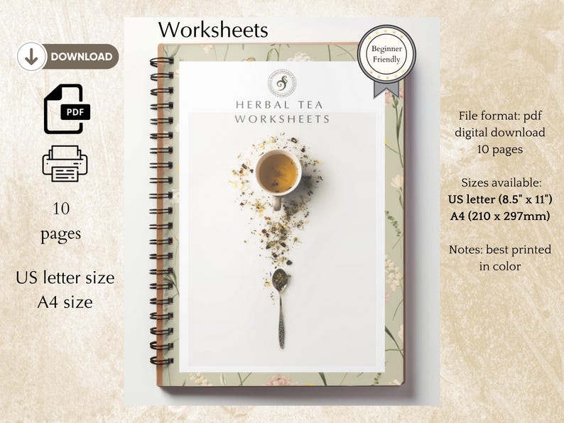 herbal tea blending worksheets available in sizes A4 and US letter. Includes 10 pages for download. Editable in Canva pro