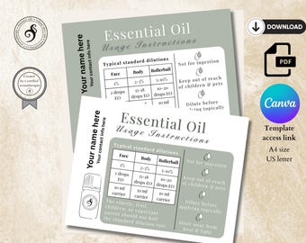 Essential Oil usage instructions care card for customer info handout