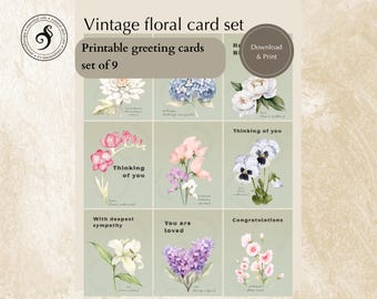 Vintage Botanical Card Set | Printable greeting cards | set of 9 cards | 5"x7"