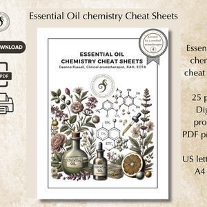 May include: A digital printable titled "Essential Oil Chemistry Cheat Sheets" with botanical illustrations, essential oil bottles, and chemical structures. Includes the text "Created by a certified aromatherapist" and "A4 size".