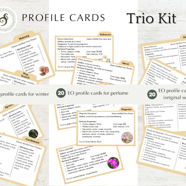 Essential oil profile cards trio bundle | download & print | essential oil printables