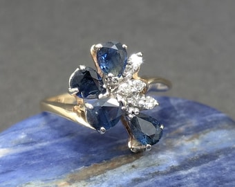 Vintage 1.05 CTW Natural Pear Sapphire & Round Diamond Cluster Ring - 14K Yellow Gold