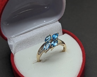 Vintage 10KY Gold Ring - 4 Marquise London Topaz & Natural Diamonds