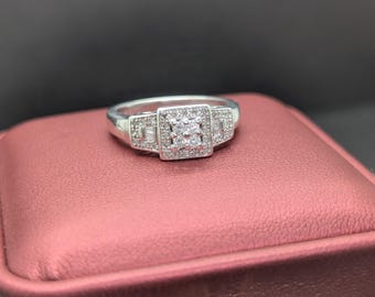 Solid 925 Sterling Silver Classy Squared Filigree Ring - 0.25 TCW Natural Diamonds Triple Halo