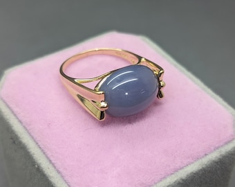 Natural Blue Jade 14K Solid Yellow Gold Ring Vintage