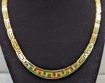 Vintage Solid 18K Gold Greek Key Necklace - 2.85Ct Natural Sapphires, Rubies, Emeralds, & Diamonds