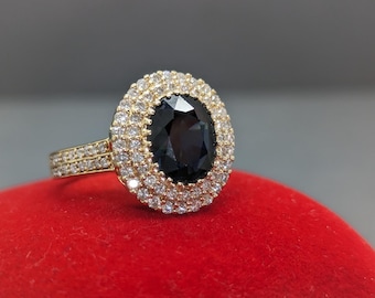 3.8Ct Oval Dark Blue Sapphire Ring – Diamond Double Halo - 14K Gold