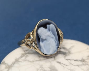 Vintage 14K Yellow Gold Cameo Ring - Hand Carved Blue Agate Guardian Angel Stone