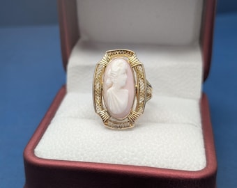 Vintage 10K Yellow Gold Cameo Ring - Hand Carved Pink Coral Victorian Stone