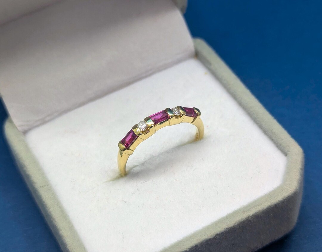 14K Yellow Gold Ruby Baguette & Diamond Ring - Half-eternity Band - Etsy