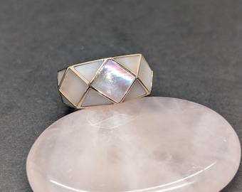 18K Rose Gold Mother of Pearl Mosaic Ring – Geodesic Cathedral Design