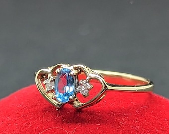 Vintage 10KY Solid Gold Ring - 5x3 Oval Cut Blue Topaz & Natural Diamonds