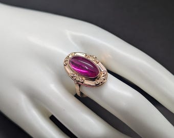 Vintage 14K Rose Gold Ring - 17x8mm Cabochon Cut Oval Ruby