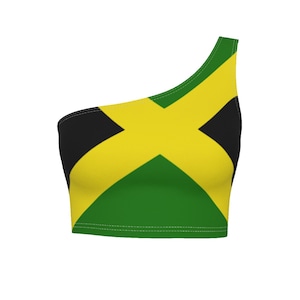 Puede incluir: Un top corto de un solo hombro con el diseño de la bandera jamaicana. El top tiene un esquema de color negro, amarillo y verde con un diseño de cruz amarilla. El top está hecho de un material suave y cómodo.