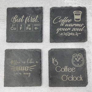 Laser Engraved Slate Coffee Themed Coasters