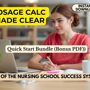 Może przedstawiać: Kobieta w czerwonej bluzce siedzi przy biurku, pracując na laptopie i pisząc w notatniku. Obraz zawiera tekst "DOSAGE CALC MADE CLEAR" i "Quick Start Bundle (Bonus PDF)". Widoczny jest również kubek i roślina.