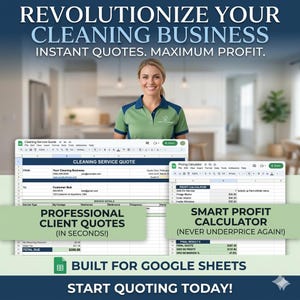 May include: Image promoting a cleaning business with the text "REVOLUTIONIZE YOUR CLEANING BUSINESS." A woman in a green polo shirt smiles. The image includes screenshots of Google Sheets, highlighting features like instant quotes and a profit calculator.