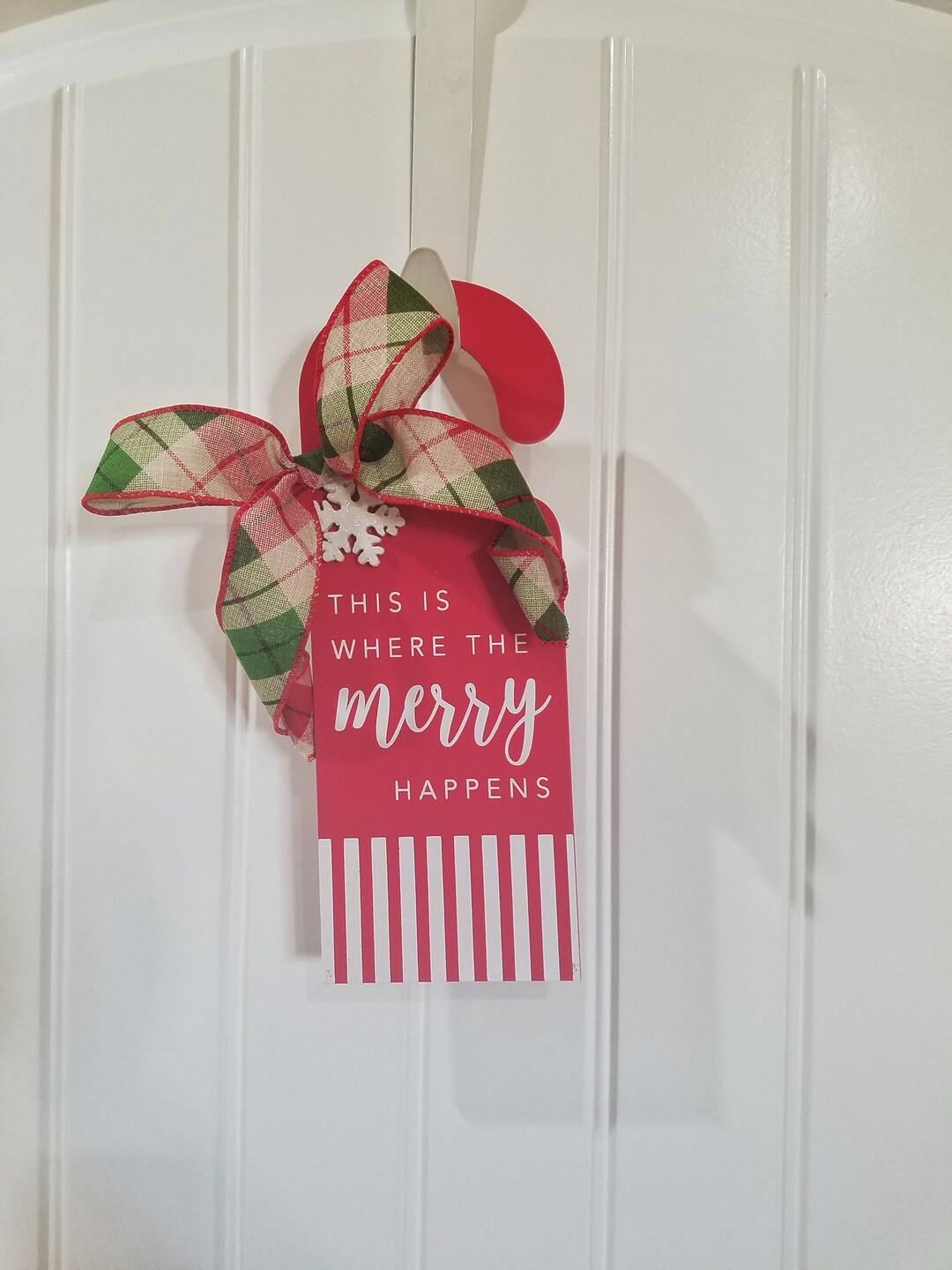 Wooden Christmas Door Knob Hanger With Plaid Bow and Snowflakes, This