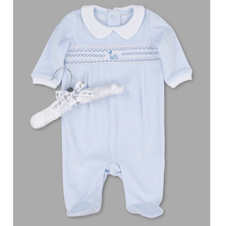 Baby Boys Blue Smocked Velour Rocking Horse Sleepsuit & Padded Hanger