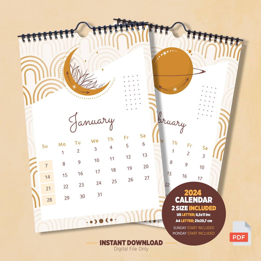 Boho Calendar 2024, Printable Monthly Calendar Etsy