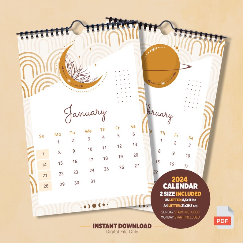 Boho Calendar 2024 Printable Monthly Calendar Etsy Canada