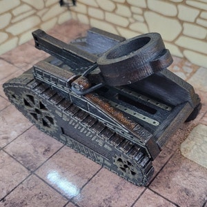 May include: A wooden model of a tank with a large cannon, detailed with intricate carvings and a dark brown finish.