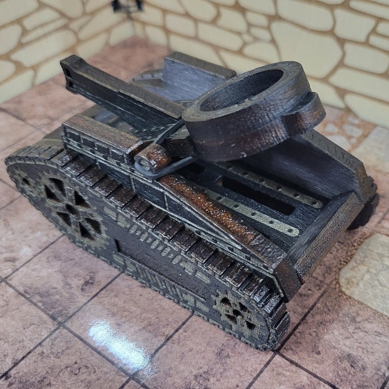 May include: A wooden model of a tank with a large cannon, detailed with intricate carvings and a dark brown finish.
