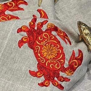 Crab Embroidered Linen Napkin, Crab, Dinner Napkin, Red Crab Napkin, Linen Napkin