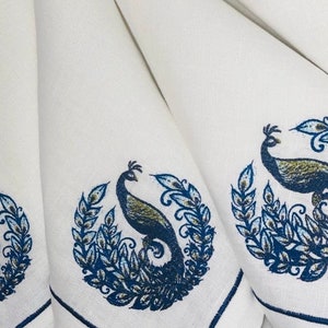 Peacock Dinner Napkin, Embroidered Linen Napkin, Tableware Setting, Ivy in Vase Dinner Napkin, Custom Dinner Napkin