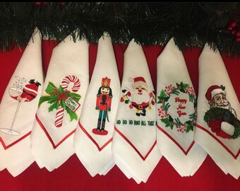 Christmas Embroidered Linen Napkin, Xmas Dinner Serviette