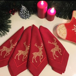 Christmas Napkin, Embroidered Linen Napkin, Cloth Napkins, Set of Napkins, Dinner Napkin, Xmas Cloth Serviette,