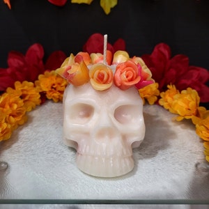 Aroma personalizado - Día de Los Muertos - Vela de cera de soja con calavera y corona de flores